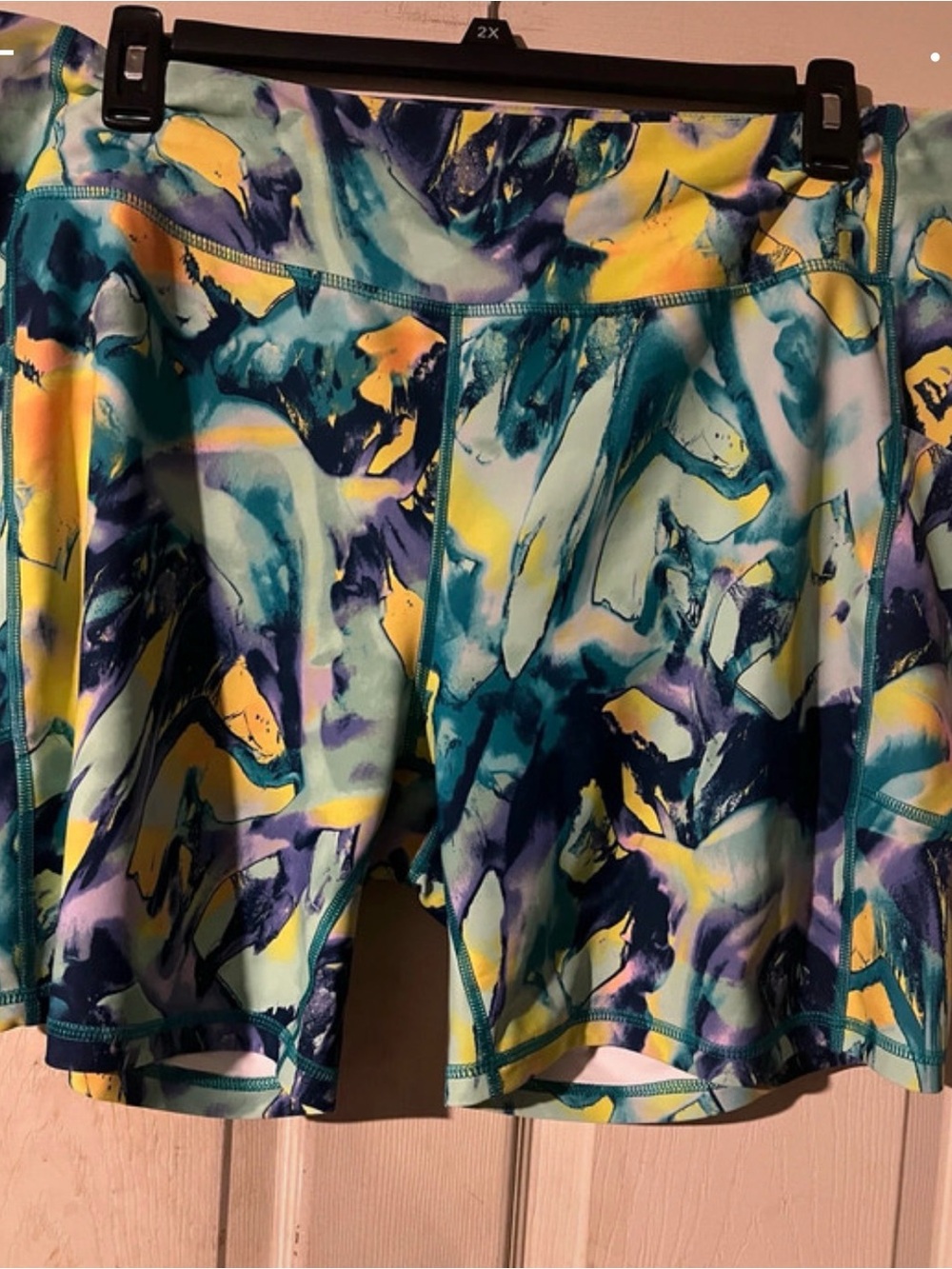 Abstract Watercolor Athletic Bike Shorts in Teal, Yellow & Purple